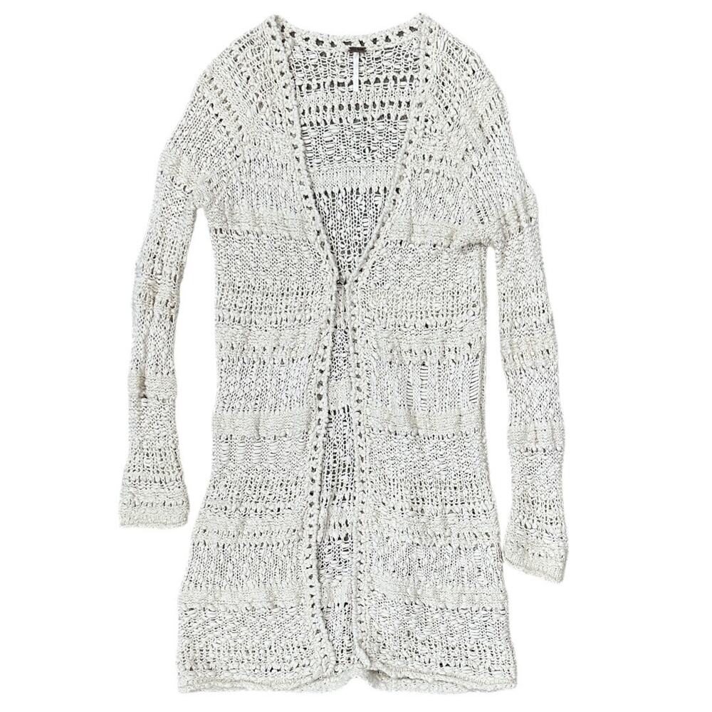 Free People Open Knit Long Cardigan Sweater in White